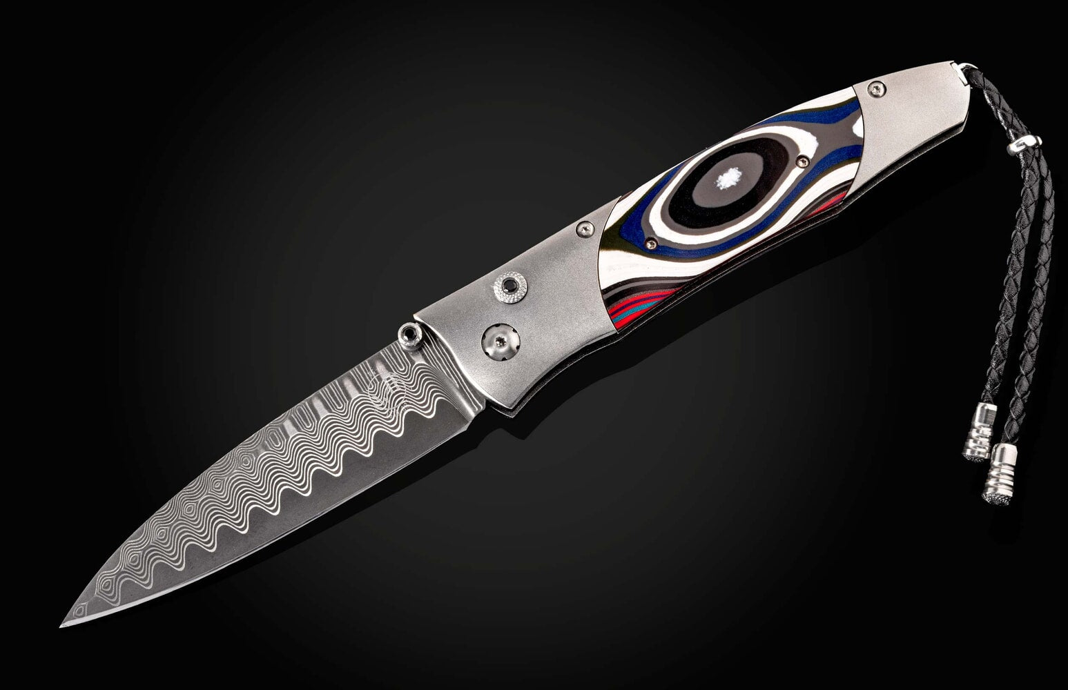 William Henry Titanium folding knife with Fordite and 'wave' damascus blade B30 OVERDRIVE