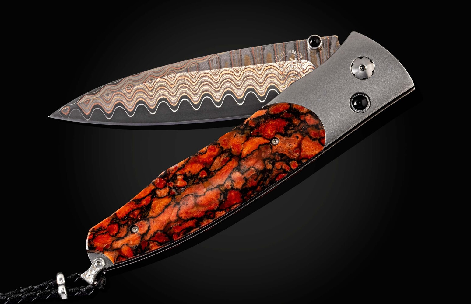 William Henry Titanium Pocketknife with apple coral, and 'copper wave' damascus blade B30 RED SAILS
