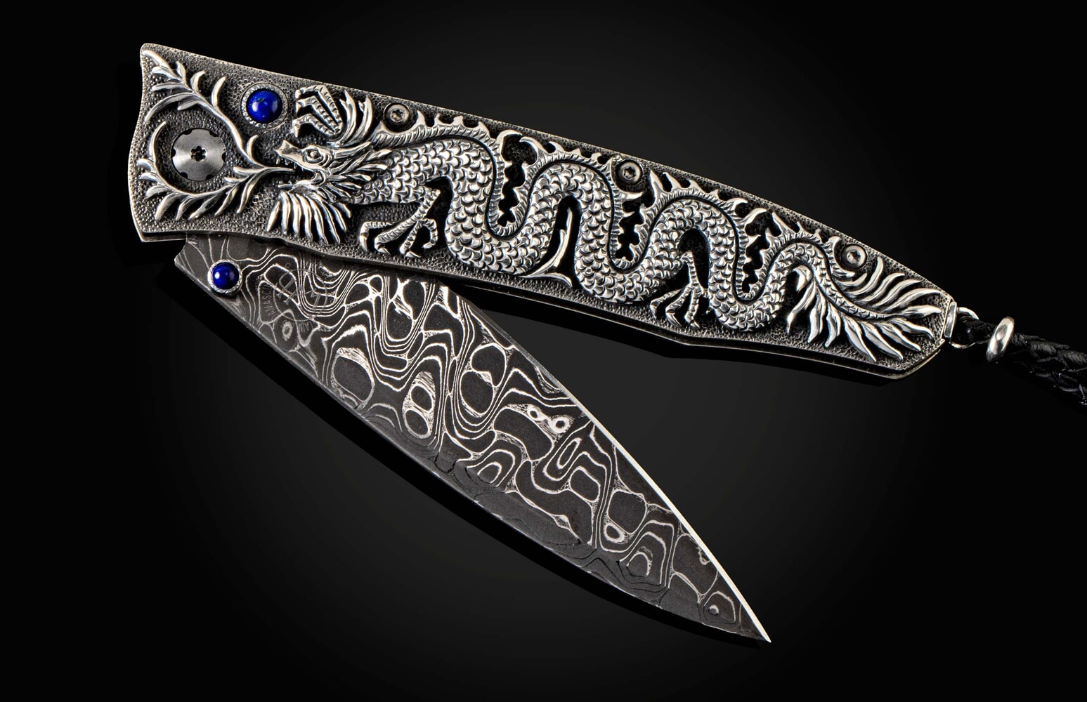 William Henry Hand-Carved sterling silver pocketknife with inset sapphire and damascus blade B30 SILVER DRAGON