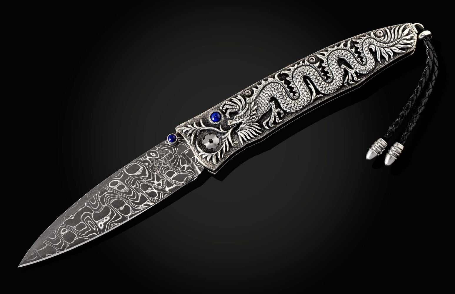William Henry Hand-Carved sterling silver pocketknife with inset sapphire and damascus blade B30 SILVER DRAGON