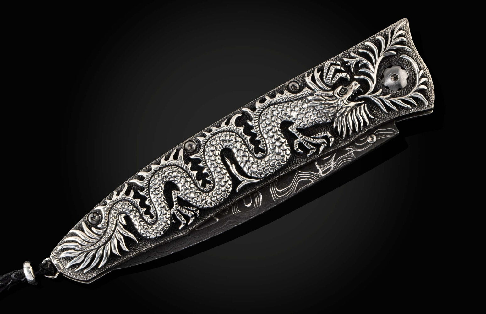 William Henry Hand-Carved sterling silver pocketknife with inset sapphire and damascus blade B30 SILVER DRAGON