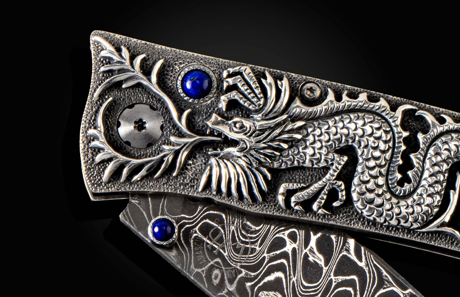 William Henry Hand-Carved sterling silver pocketknife with inset sapphire and damascus blade B30 SILVER DRAGON