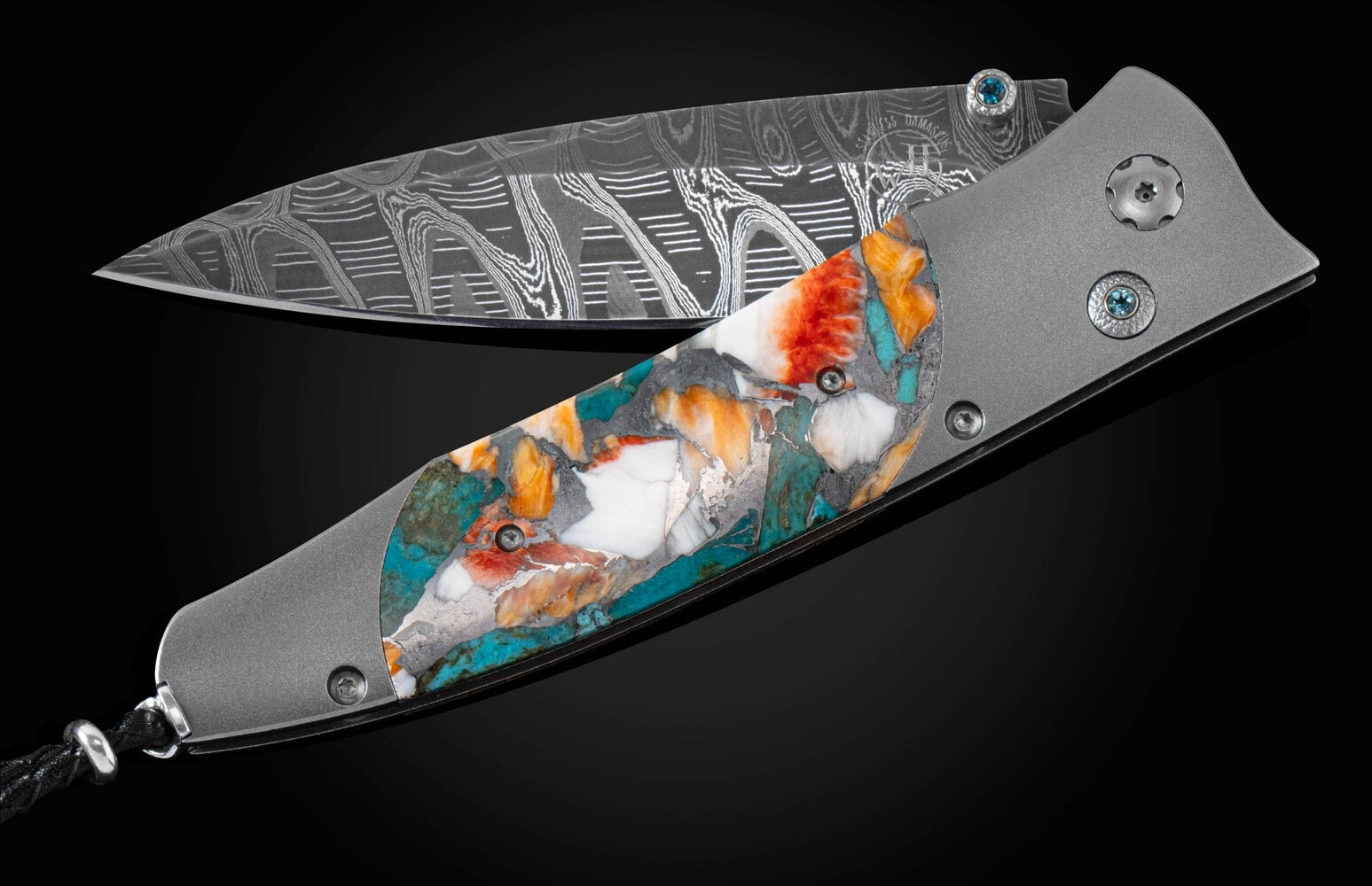 William Henry Pocket knife with spiny oyster shell and turquoise, and damascus blade B30 SPINY OYSTER
