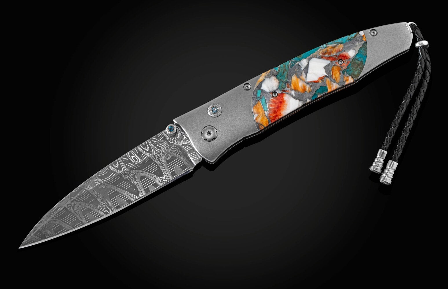 William Henry Pocket knife with spiny oyster shell and turquoise, and damascus blade B30 SPINY OYSTER