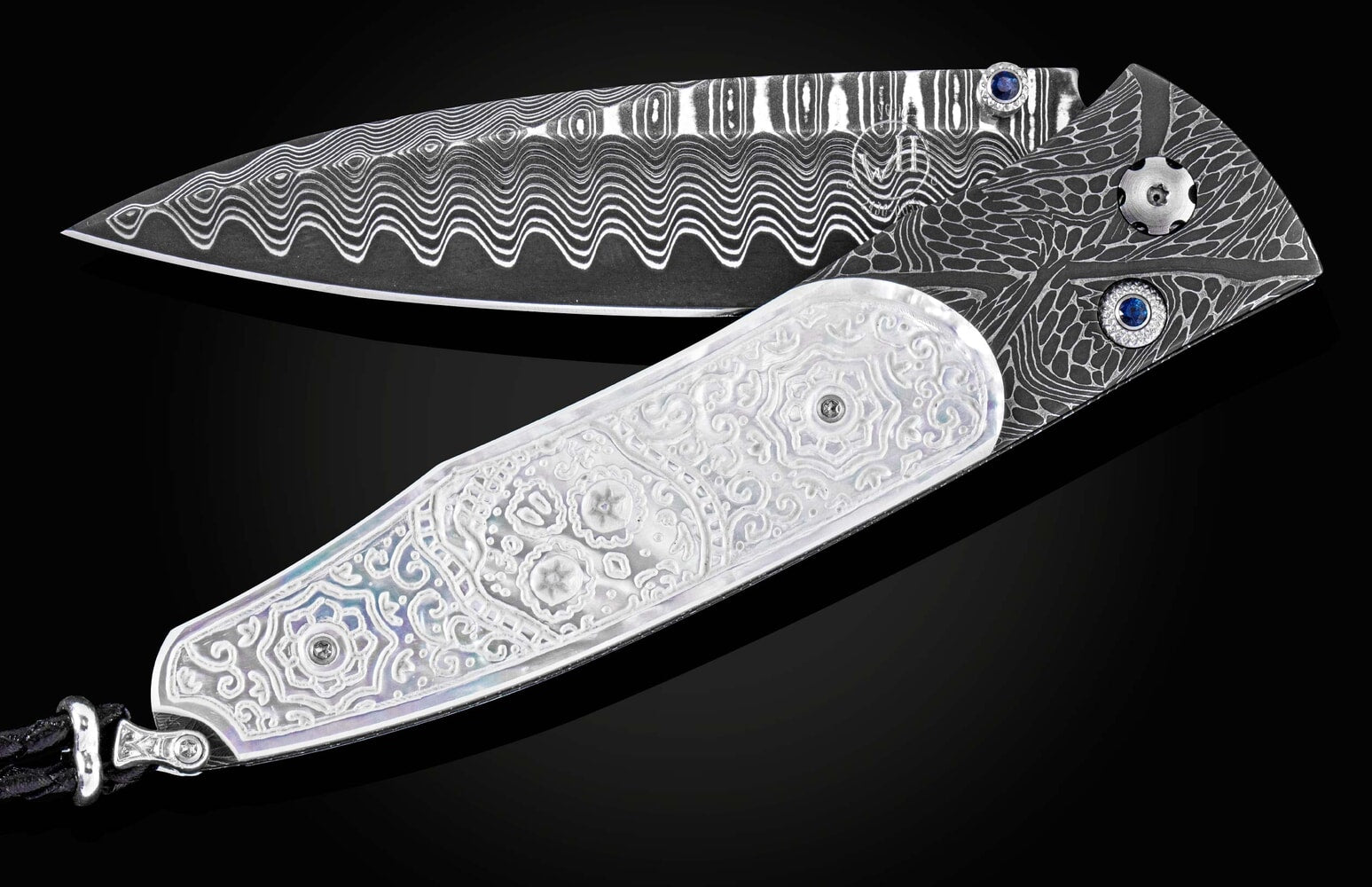 William Henry Damascus pocket knife with carved pearl scales and 'Wave' damascus blade B30 SUGAR SKULL