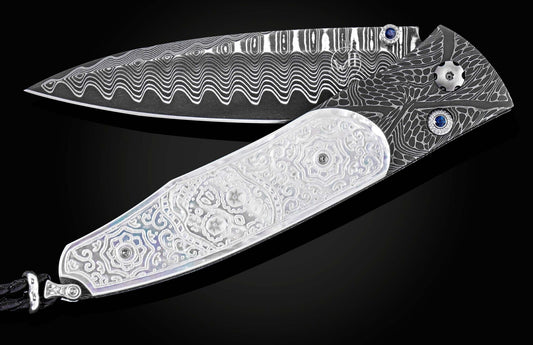 William Henry Damascus pocket knife with carved pearl scales and 'Wave' damascus blade B30 SUGAR SKULL