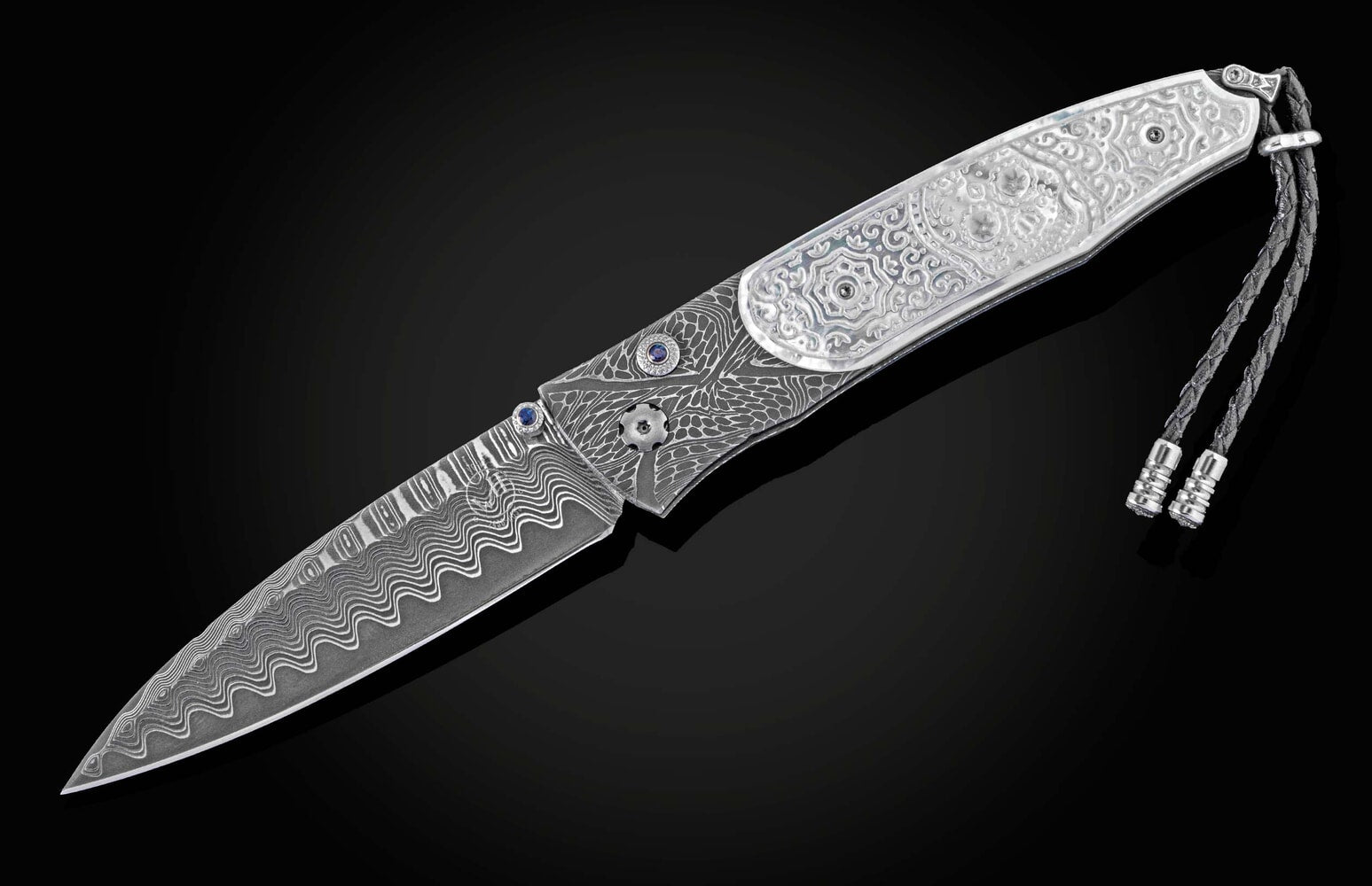 William Henry Damascus pocket knife with carved pearl scales and 'Wave' damascus blade B30 SUGAR SKULL