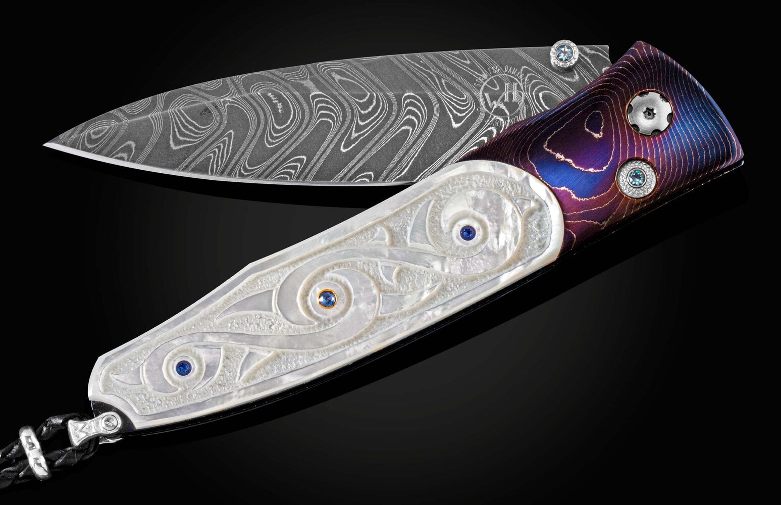 William Henry Hand-forged damascus pocketknife with carved pearl B30 SWIRL