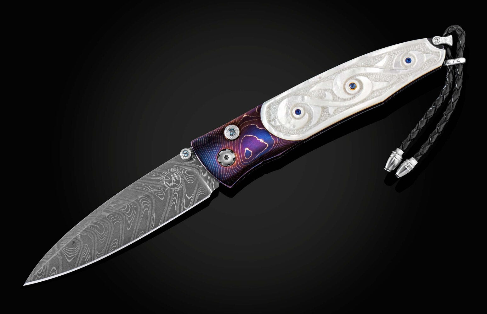William Henry Hand-forged damascus pocketknife with carved pearl B30 SWIRL