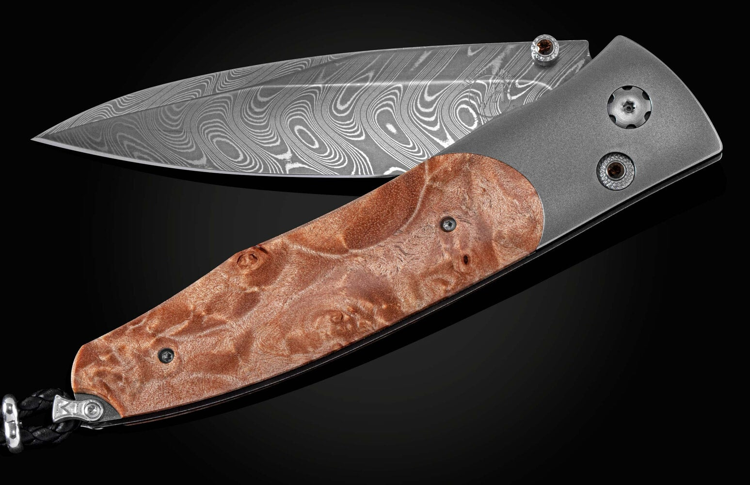 William Henry Titanium pocketknife with natural maple burl wood and hand-forged damascus B30 WOODSMAN