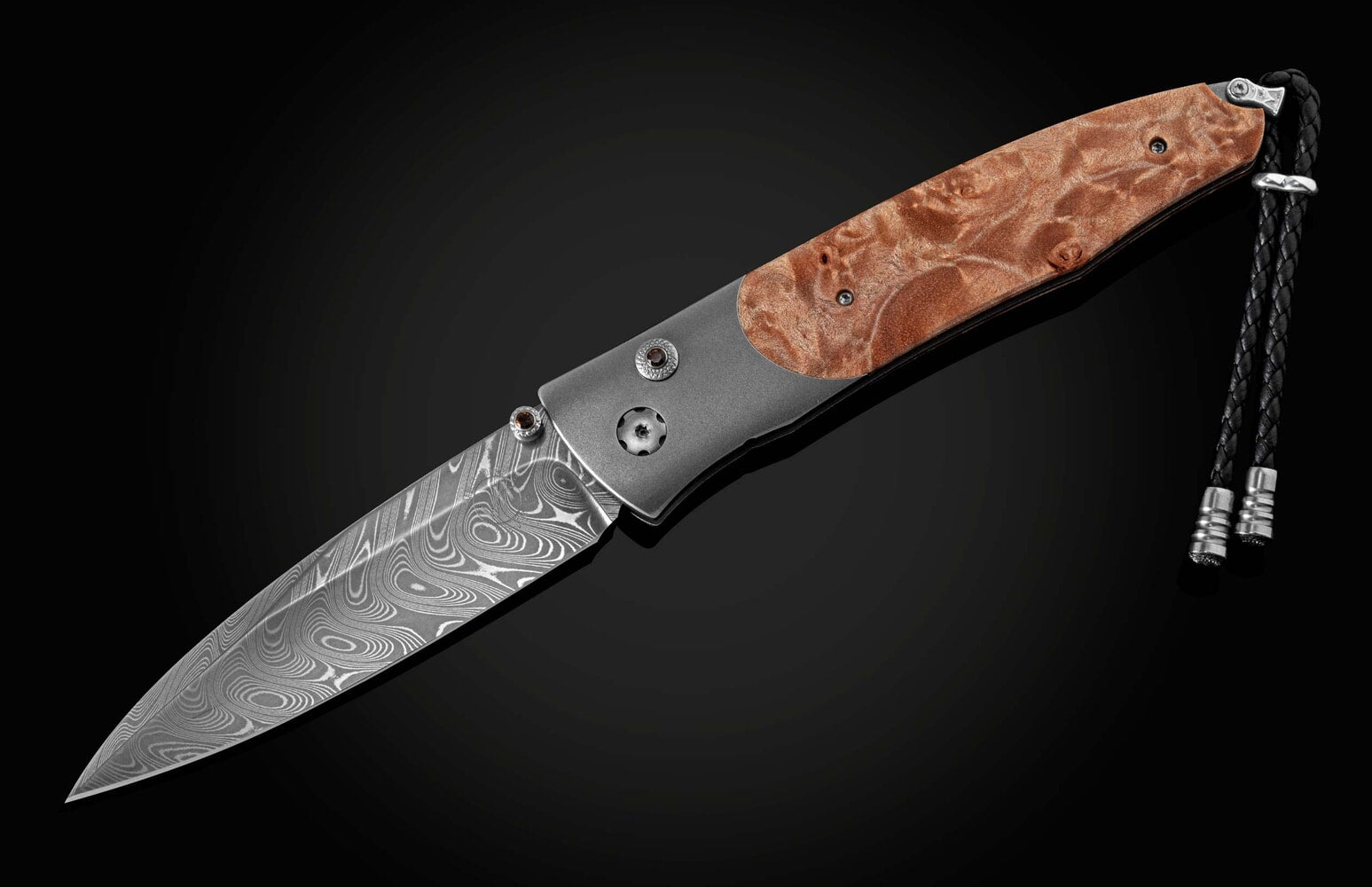 William Henry Titanium pocketknife with natural maple burl wood and hand-forged damascus B30 WOODSMAN