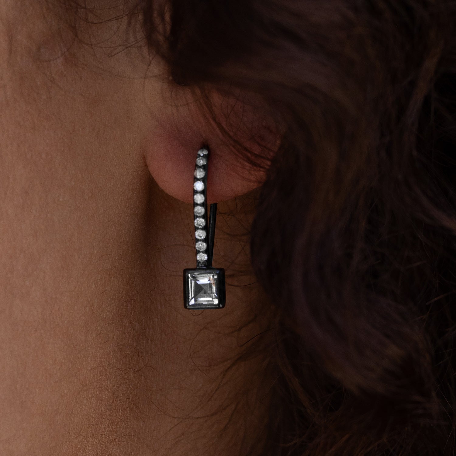 White Topaz Princess Cut on Black Rhodium French Hooks Earrings