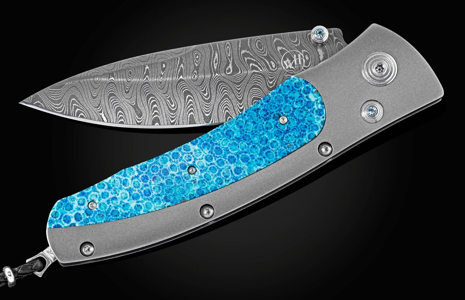 William Henry Pocketknife with fossil coral, damascus, and titanium C15 BLUE CORAL