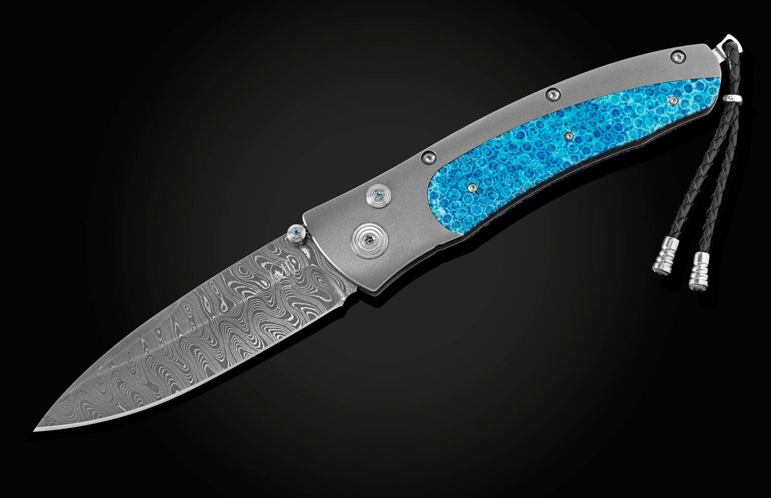 William Henry Pocketknife with fossil coral, damascus, and titanium C15 BLUE CORAL