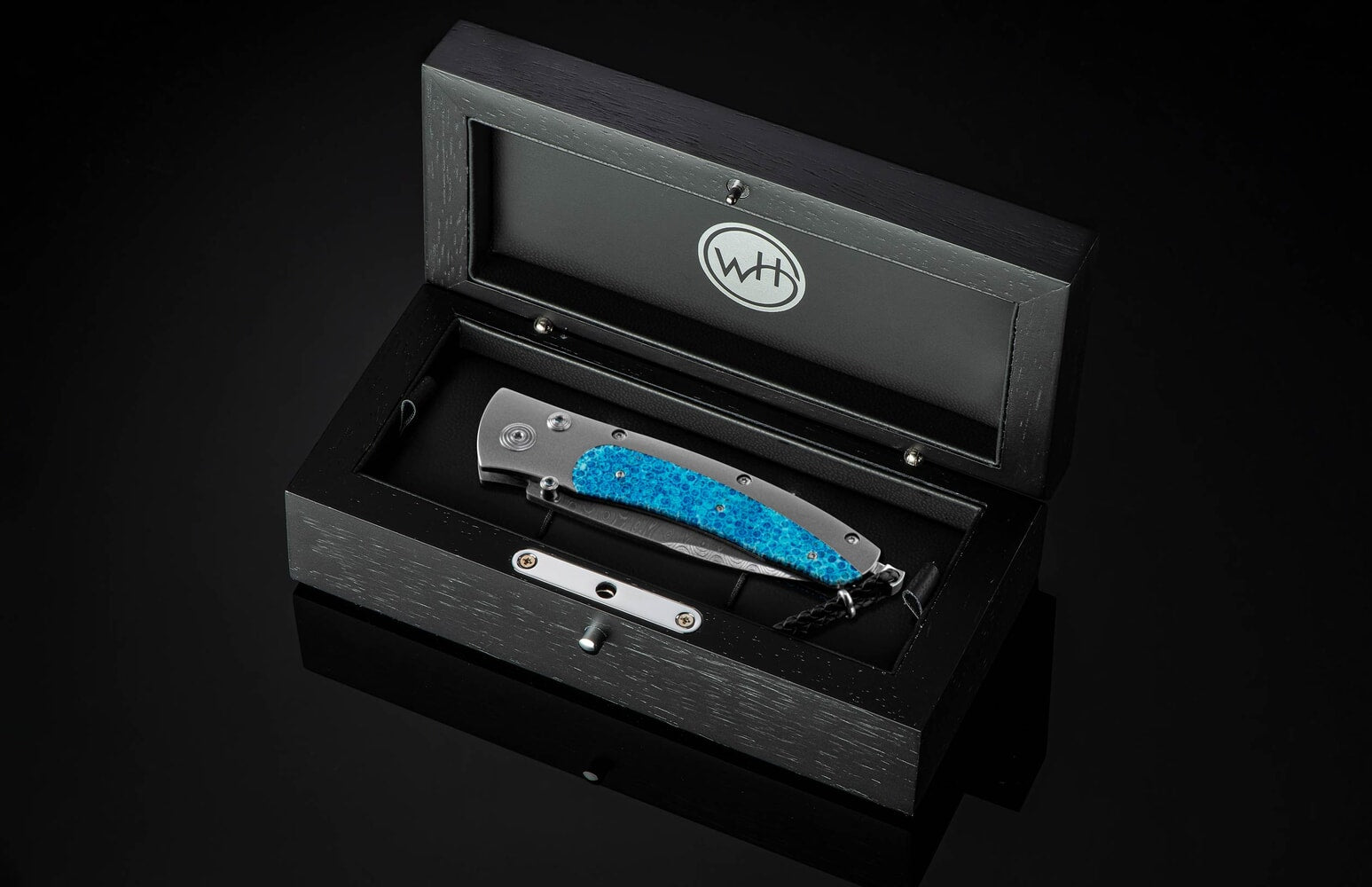 William Henry Pocketknife with fossil coral, damascus, and titanium C15 BLUE CORAL