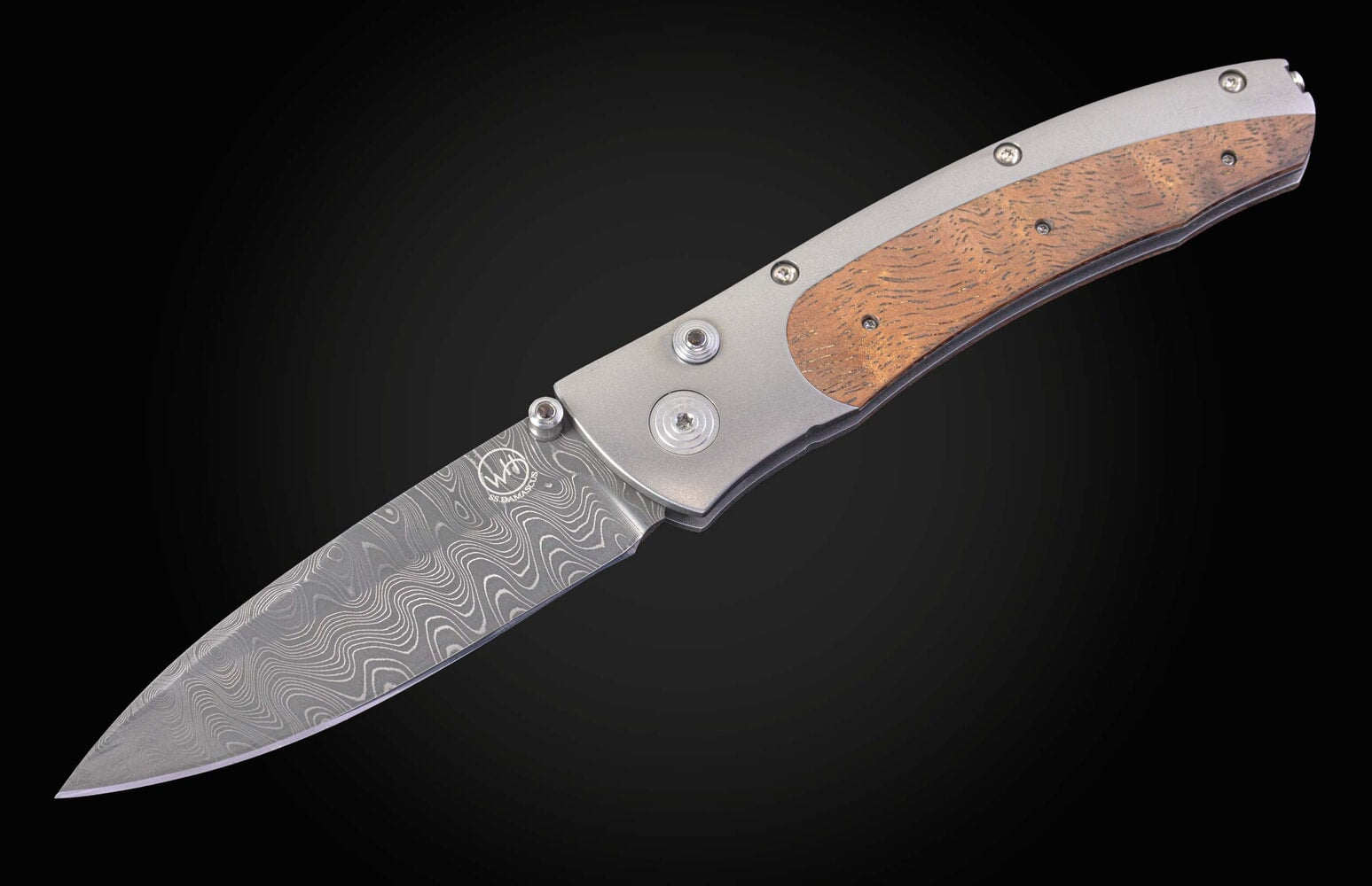 William Henry Pocketknife with Curly Koa, damascus, and titanium. C15 KOA