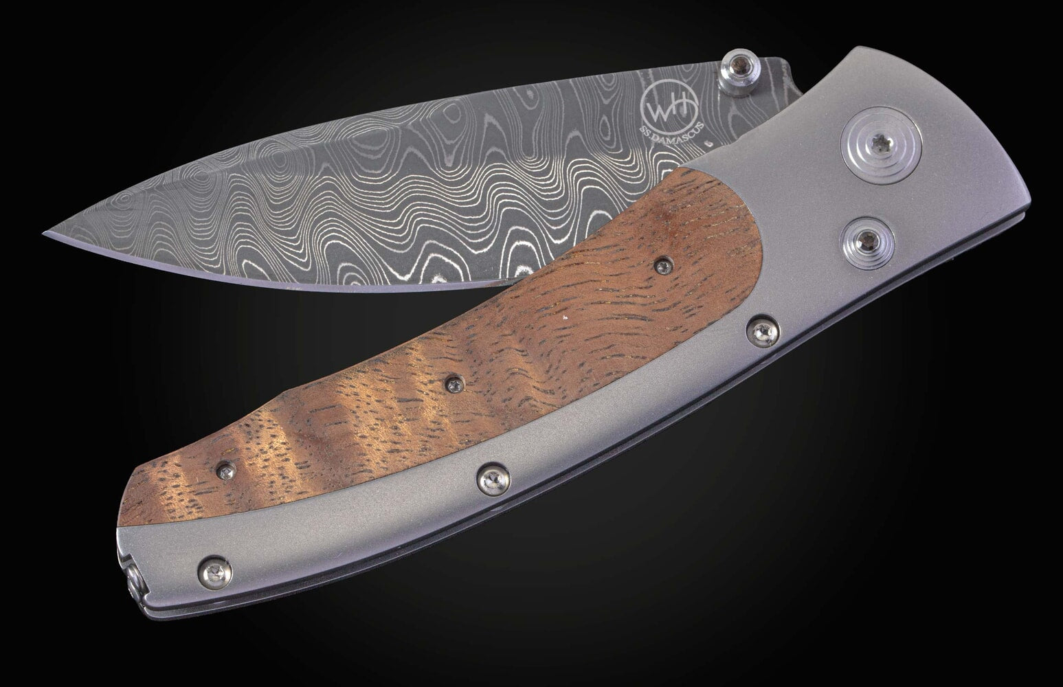 William Henry Pocketknife with Curly Koa, damascus, and titanium. C15 KOA