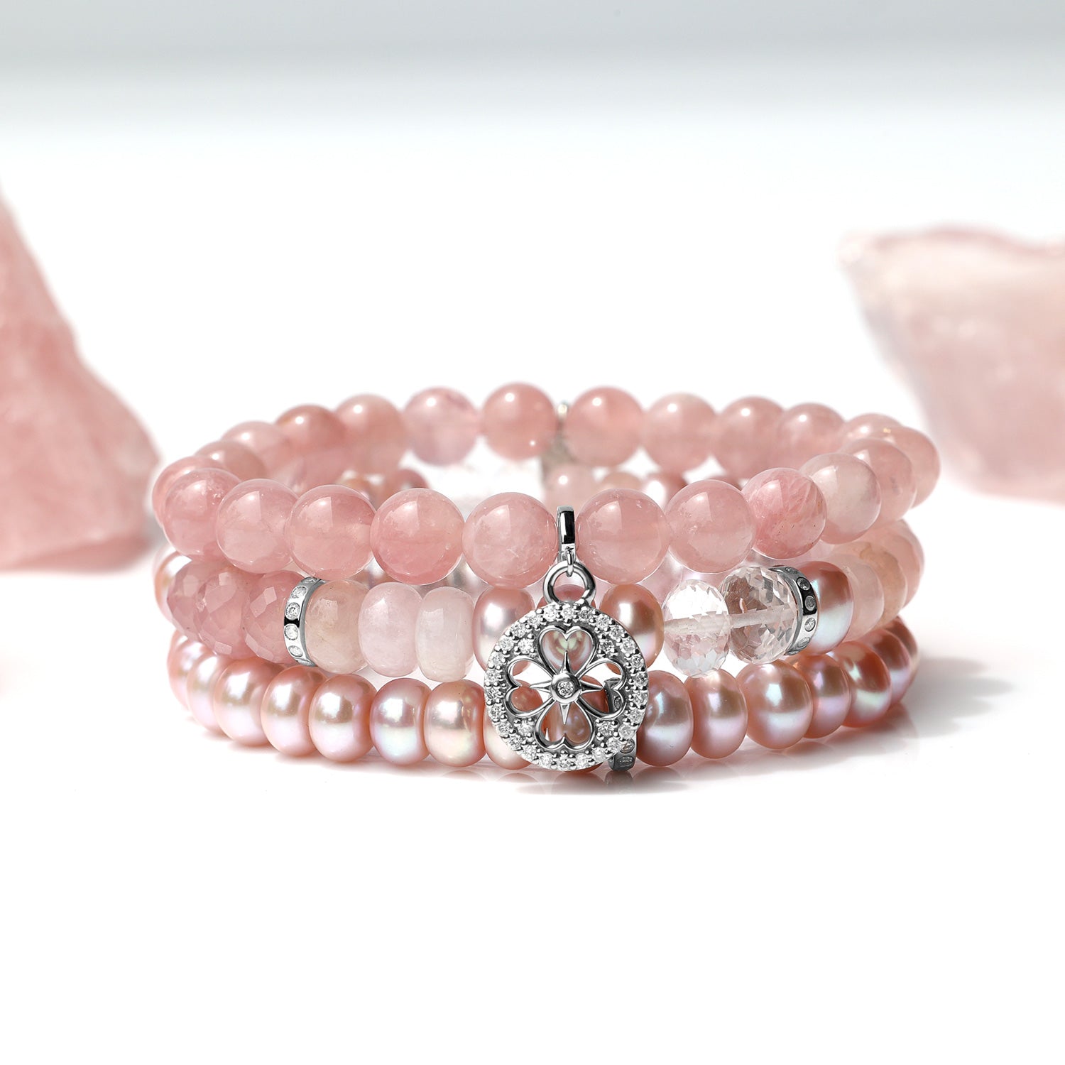 Rose Quartz Bracelet with Diamond Open Clover Charm - 8mm B0004303