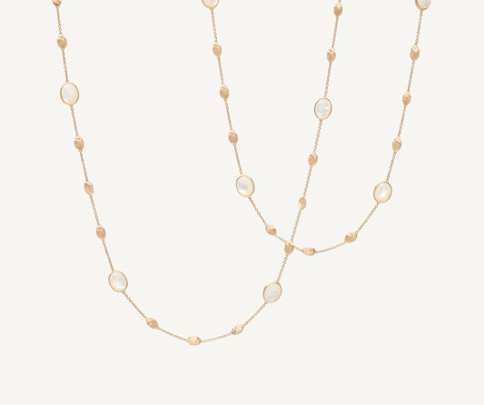 18kt yellow gold long necklace with small ovals, mother-of-pearl, and diamonds