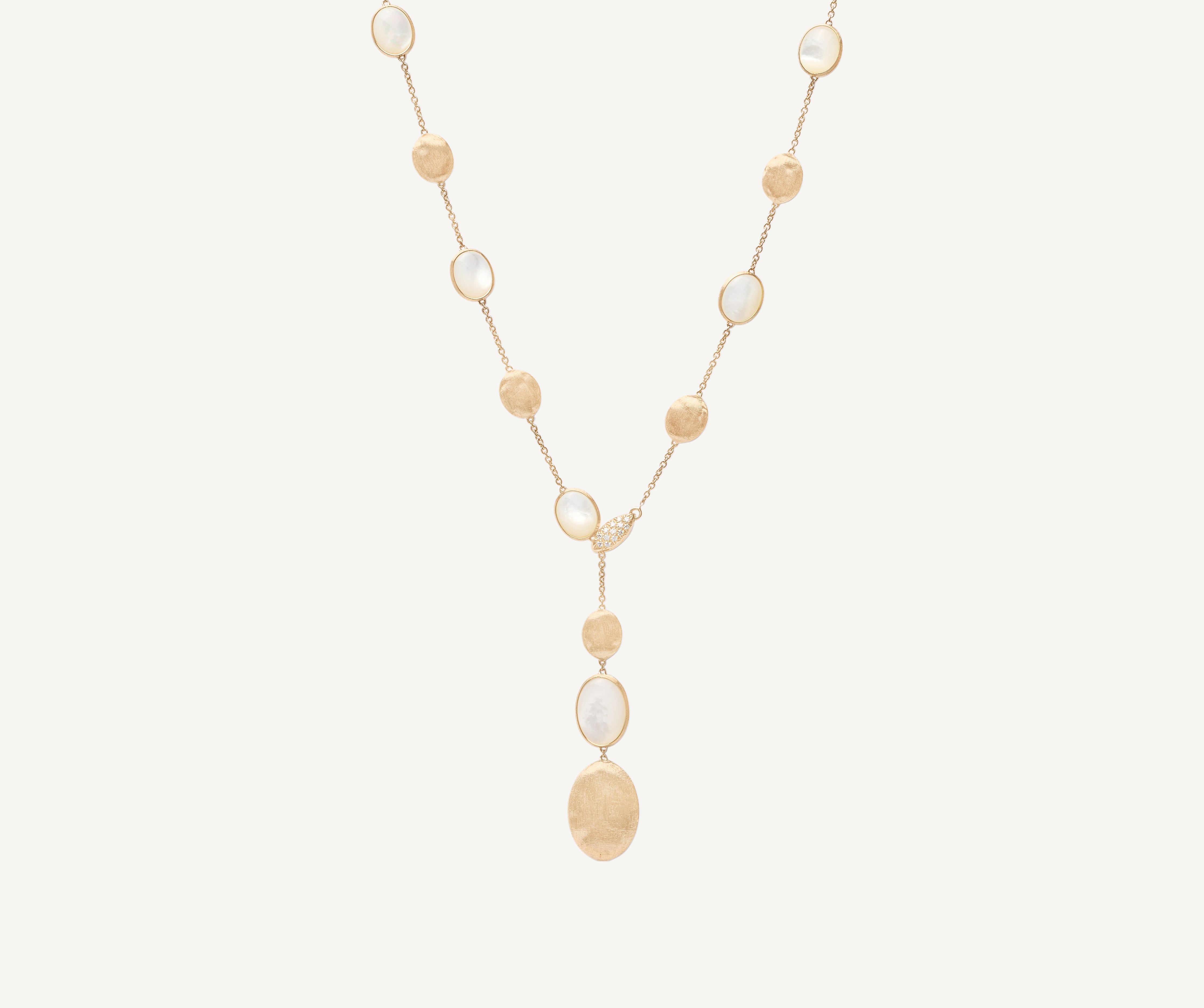 18kt yellow gold lariat necklace with mother-of-pearl and diamonds