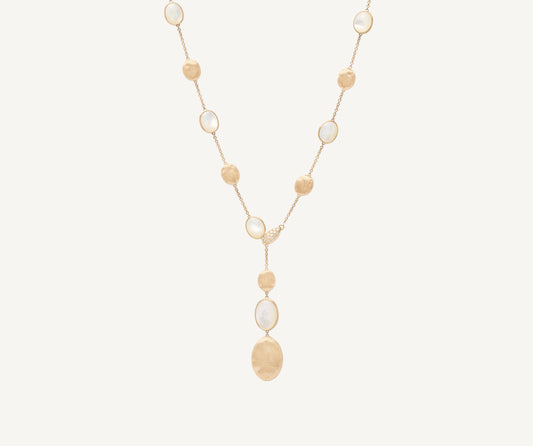 18kt yellow gold lariat necklace with mother-of-pearl and diamonds