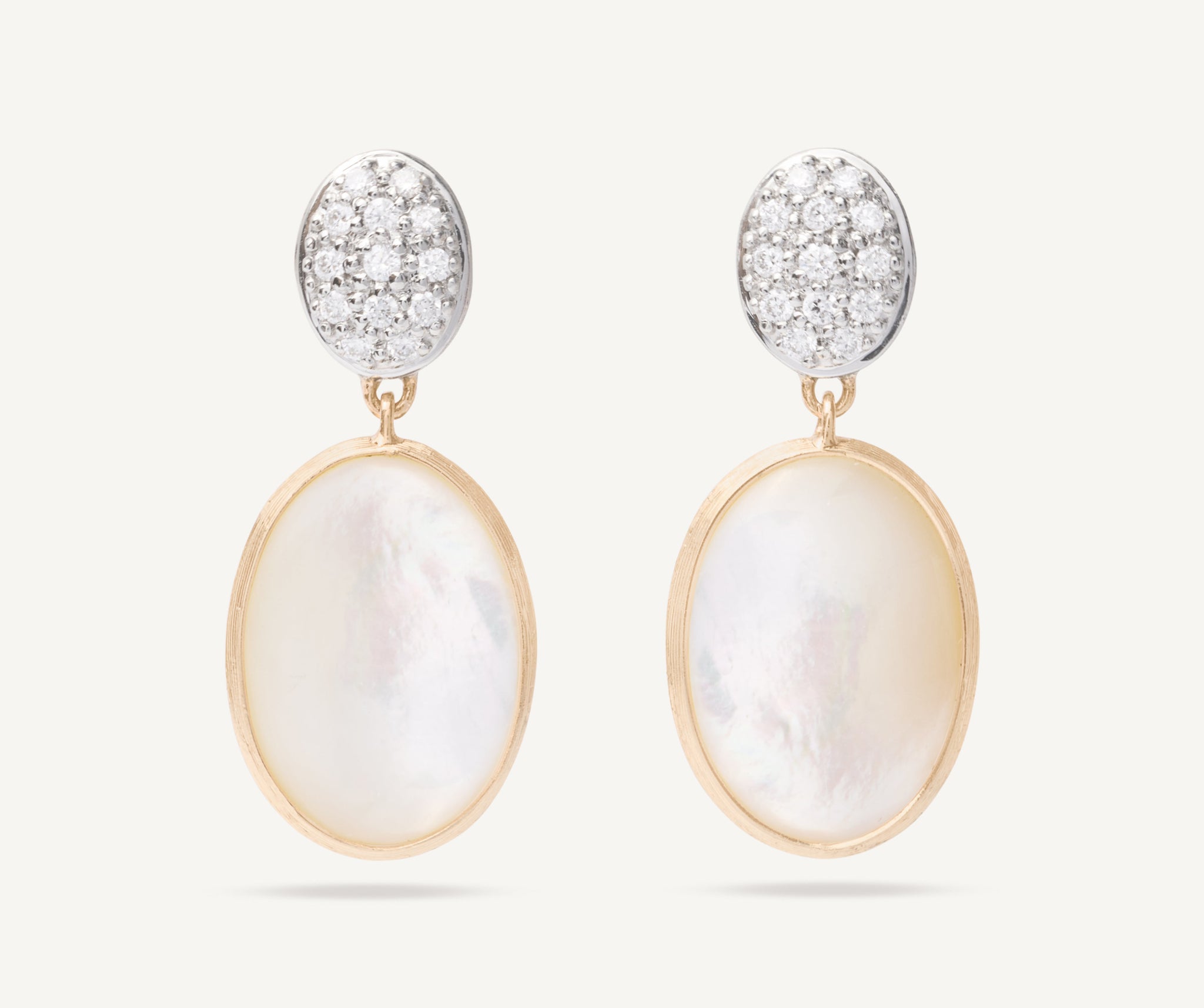 18kt yellow gold double earrings with diamonds and mother-of-pearl