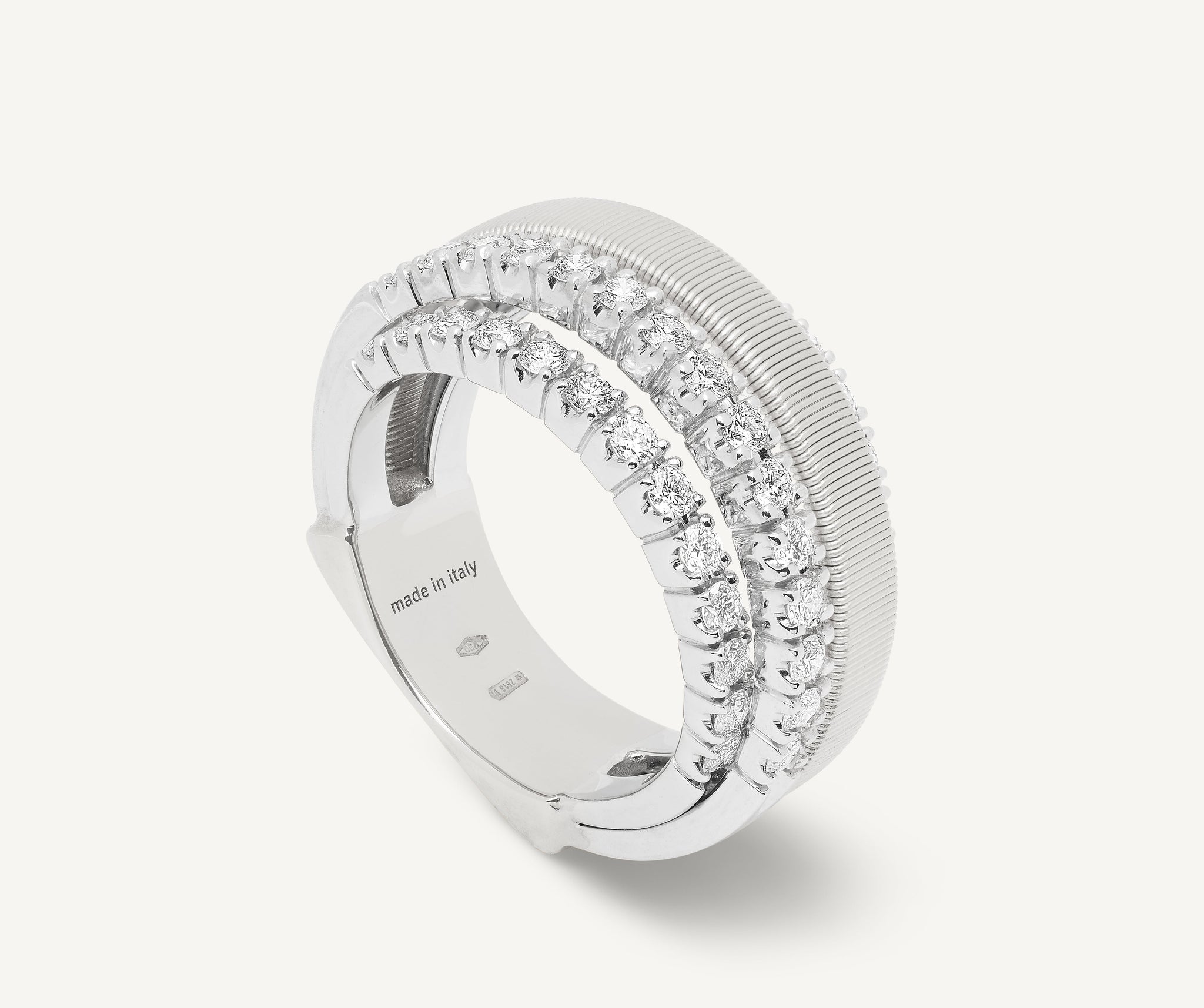 18kt white gold 4-strand coil ring with diamond 3 pav bands