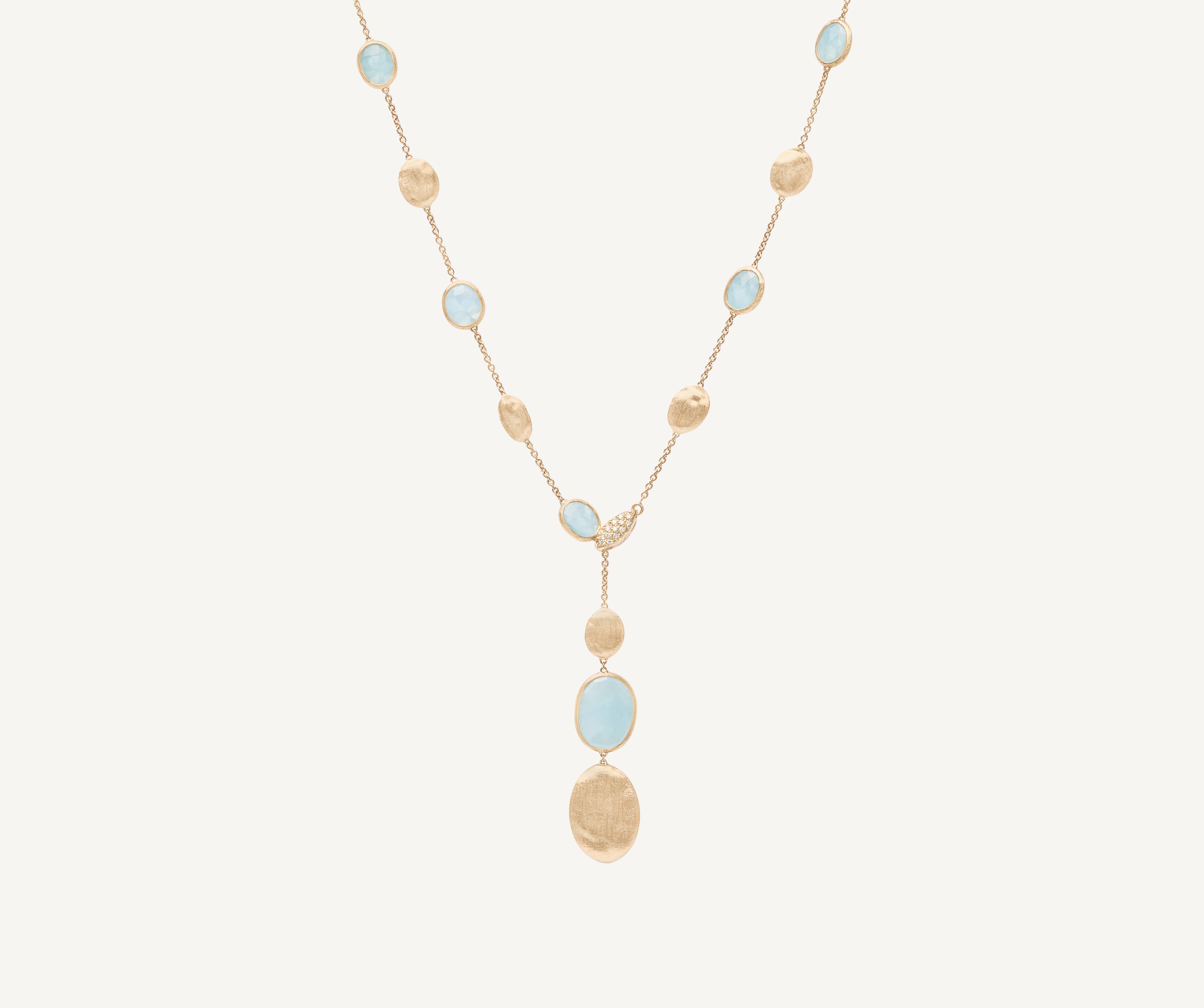 18kt yellow gold lariat necklace with aquamarines and diamonds