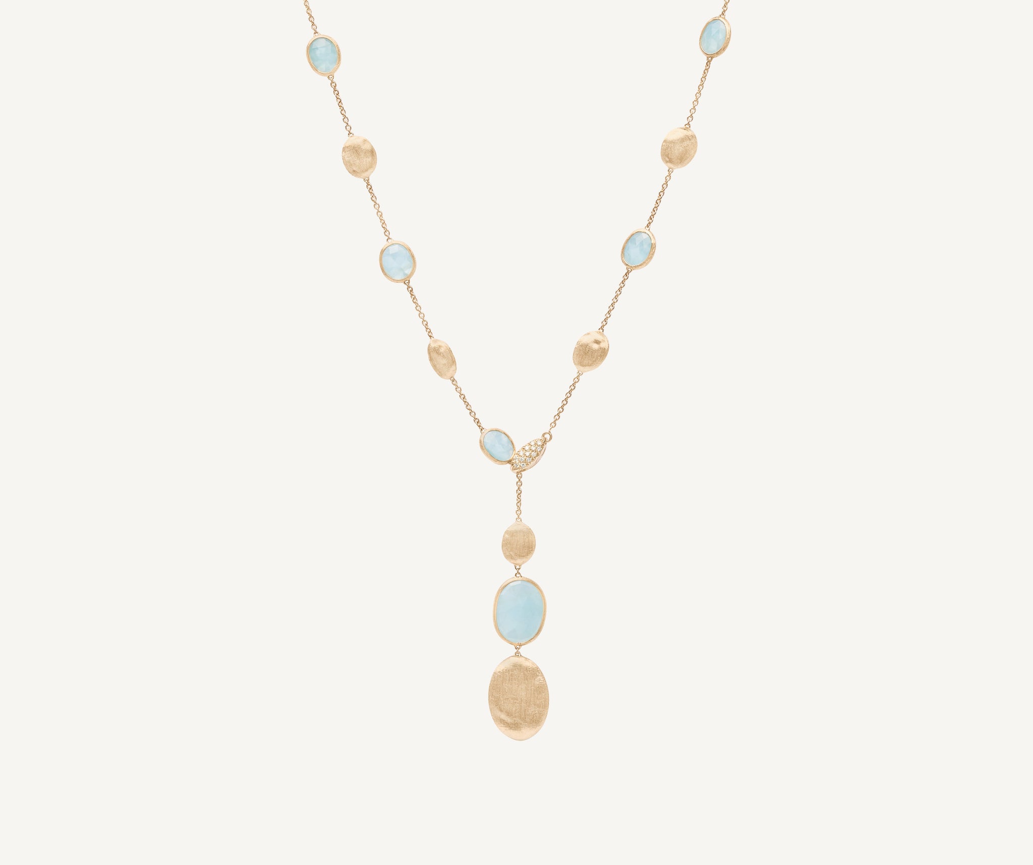 18kt yellow gold lariat necklace with aquamarines and diamonds