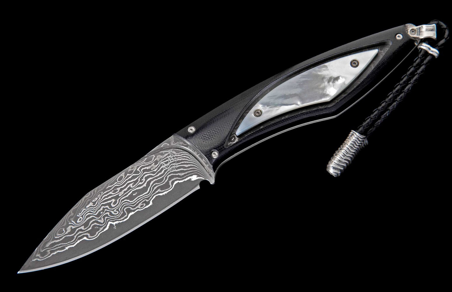 William Henry Fixed-blade carbon fiber knife with mother of pearl, and Damascus blade F28 COAST