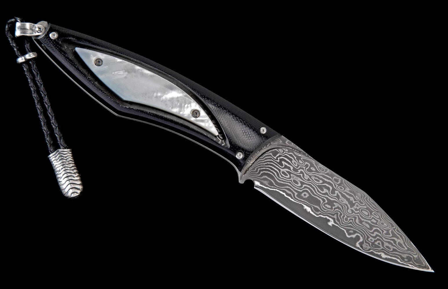 William Henry Fixed-blade carbon fiber knife with mother of pearl, and Damascus blade F28 COAST