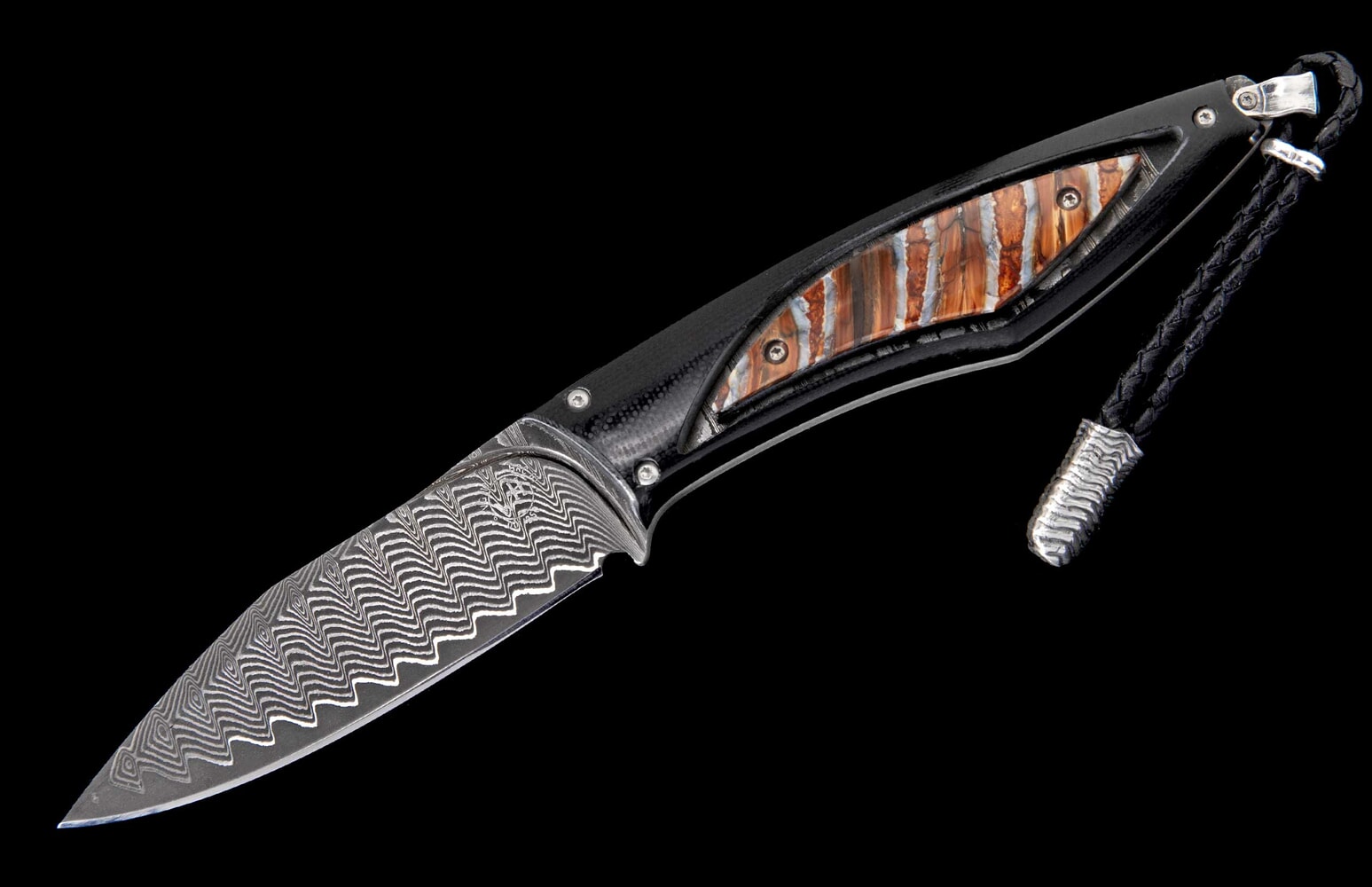 William Henry Fixed-blade carbon fiber knife with fossil mammoth tooth, and damascus blade F28 EPIC
