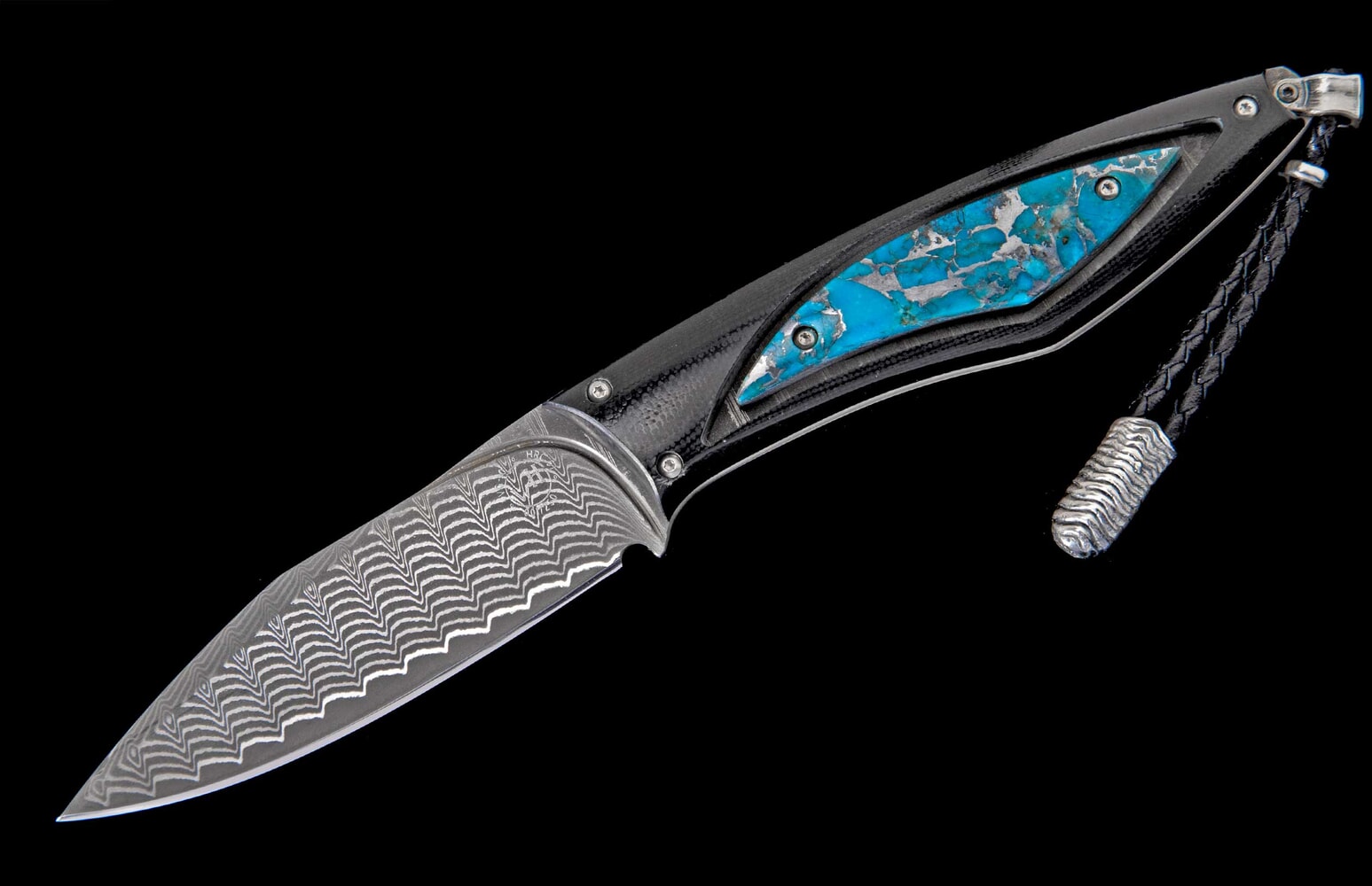 William Henry Fixed-blade carbon fiber knife with kingman turquoise and damascus blade F28 TUCSON