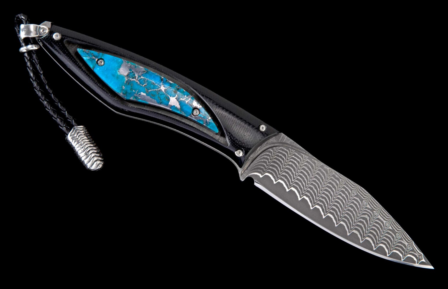 William Henry Fixed-blade carbon fiber knife with kingman turquoise and damascus blade F28 TUCSON
