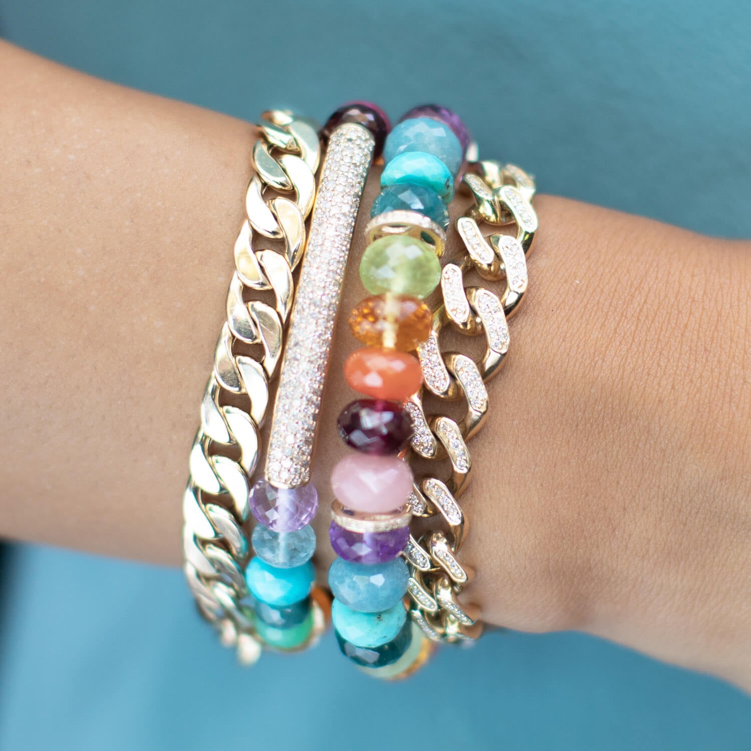 Rainbow Gemstone Mix Faceted Bracelet with 14K Pave Diamond Rondelles - 10mm BG000702