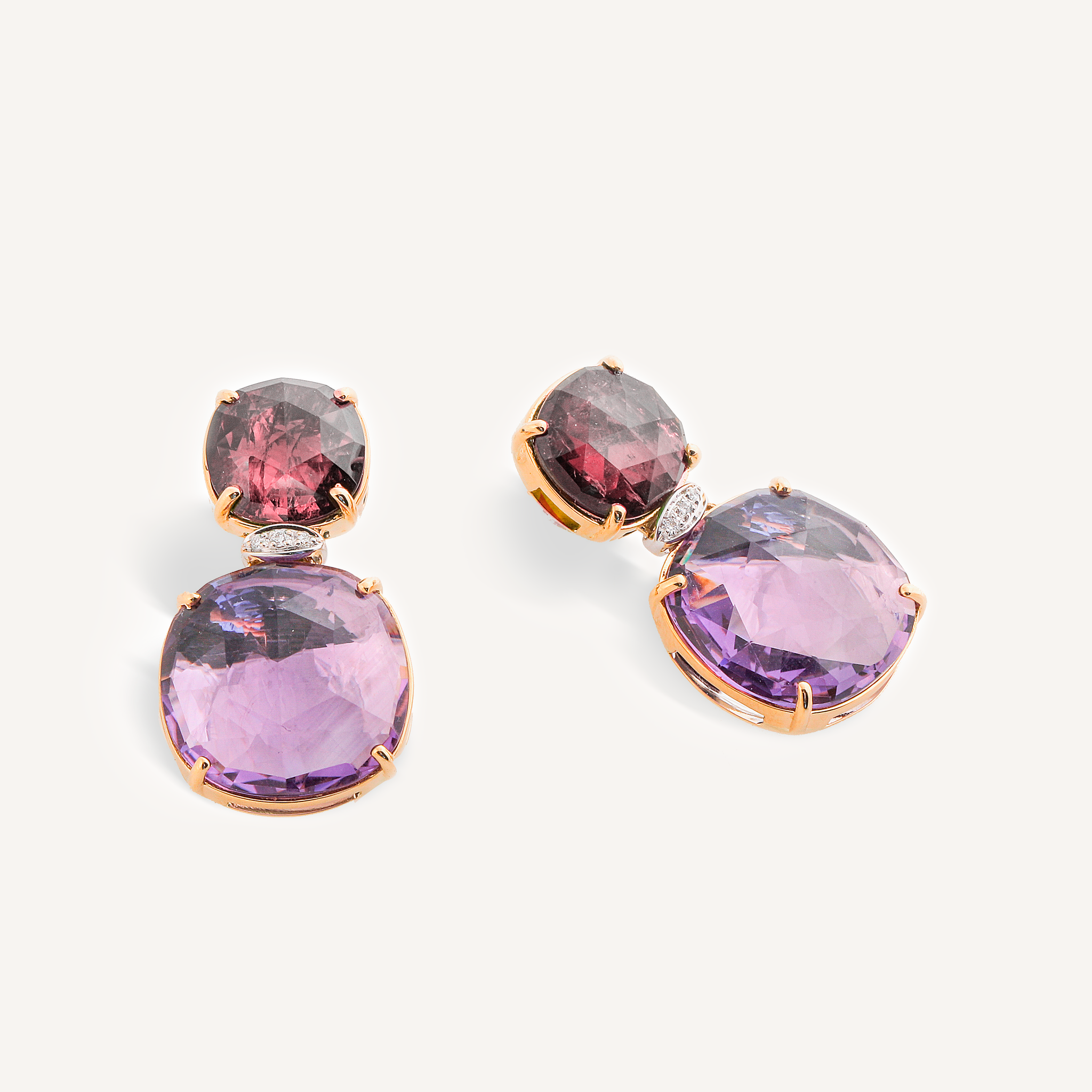 18kt Yellow Gold Drop Earrings with Pink Tourmaline, Amethyst, and Diamond Pav��