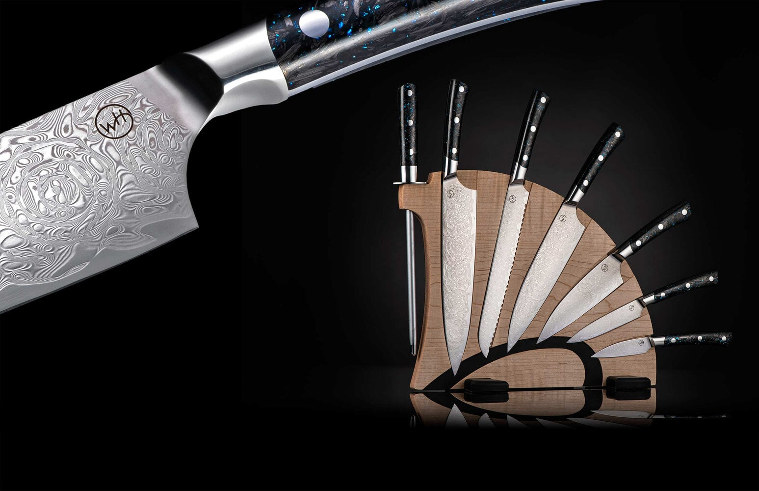 William Henry Damascus kitchen knife set with choice of knife and blockconfiguration K19