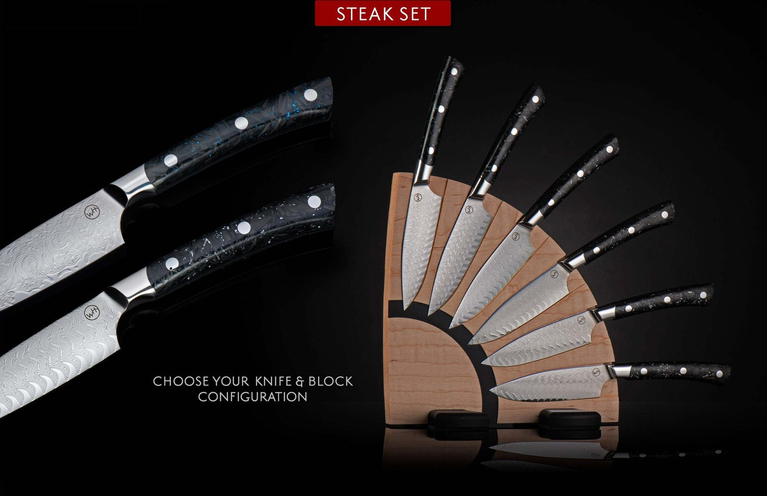 William Henry Damascus steak knifeset with choice of knife and block configuration K19S