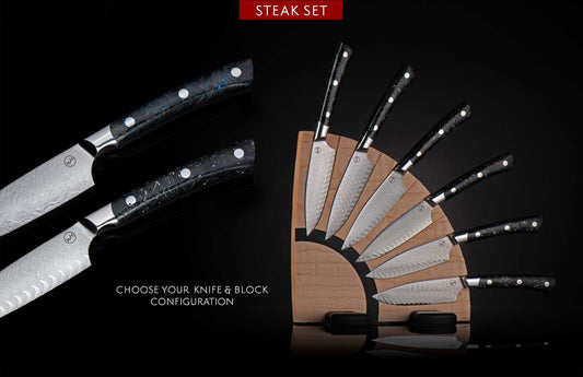 William Henry Damascus steak knifeset with choice of knife and block configuration K19S