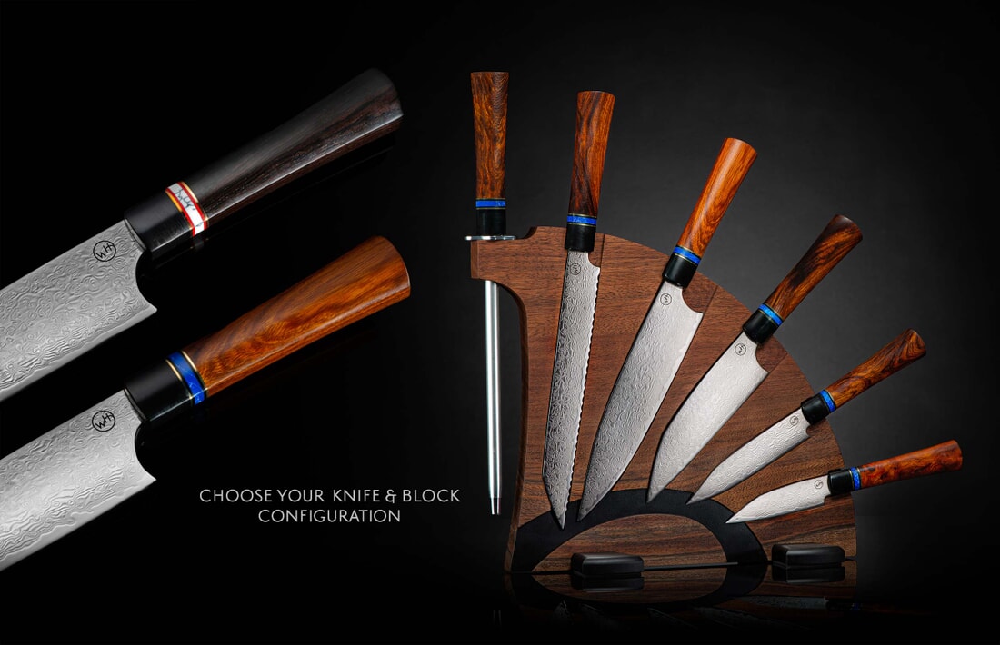 William Henry Damascus kitchen knife set with choiceof knife and hardwood block K20
