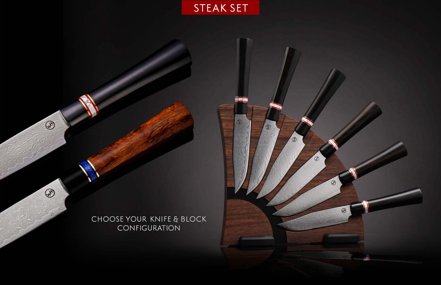 William Henry Damascus steak knife set with choice of knife and block configuration K20S