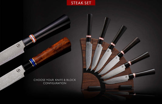 William Henry Damascus steak knife set with choice of knife and block configuration K20S