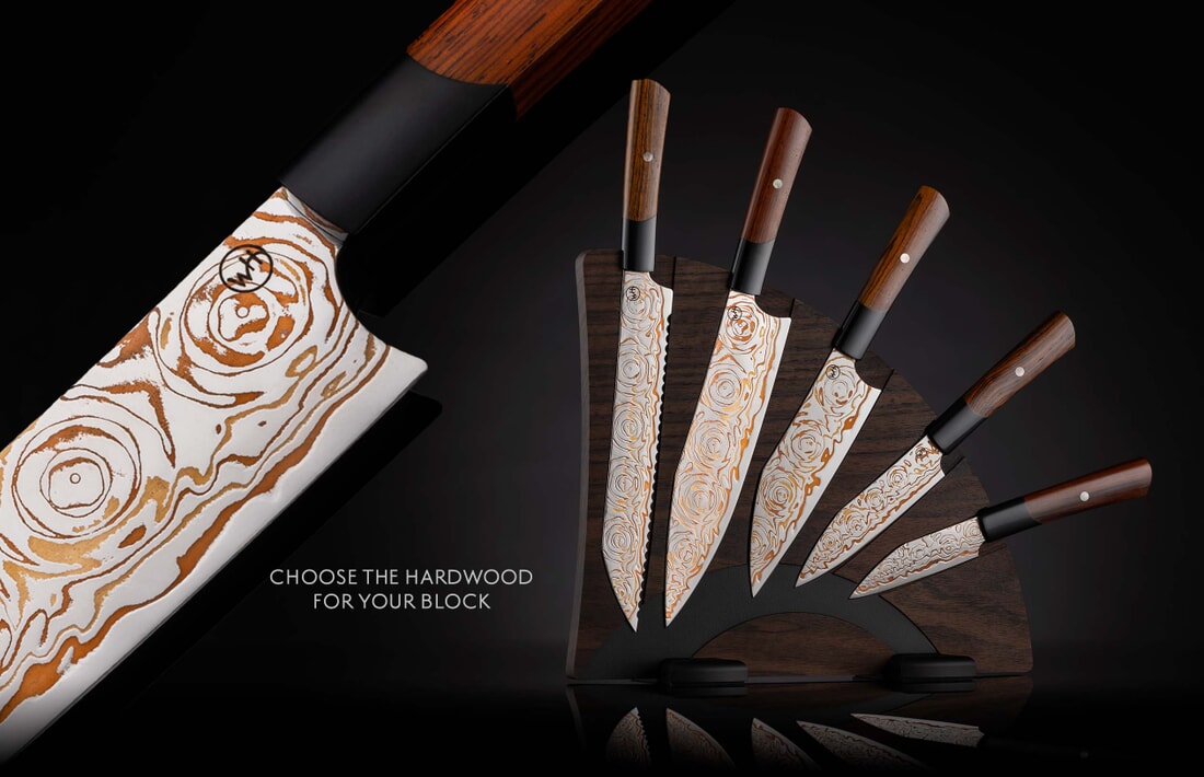 William Henry Kitchen knife set with 'rainbow' damascus blades and choice of hardwood rack K22