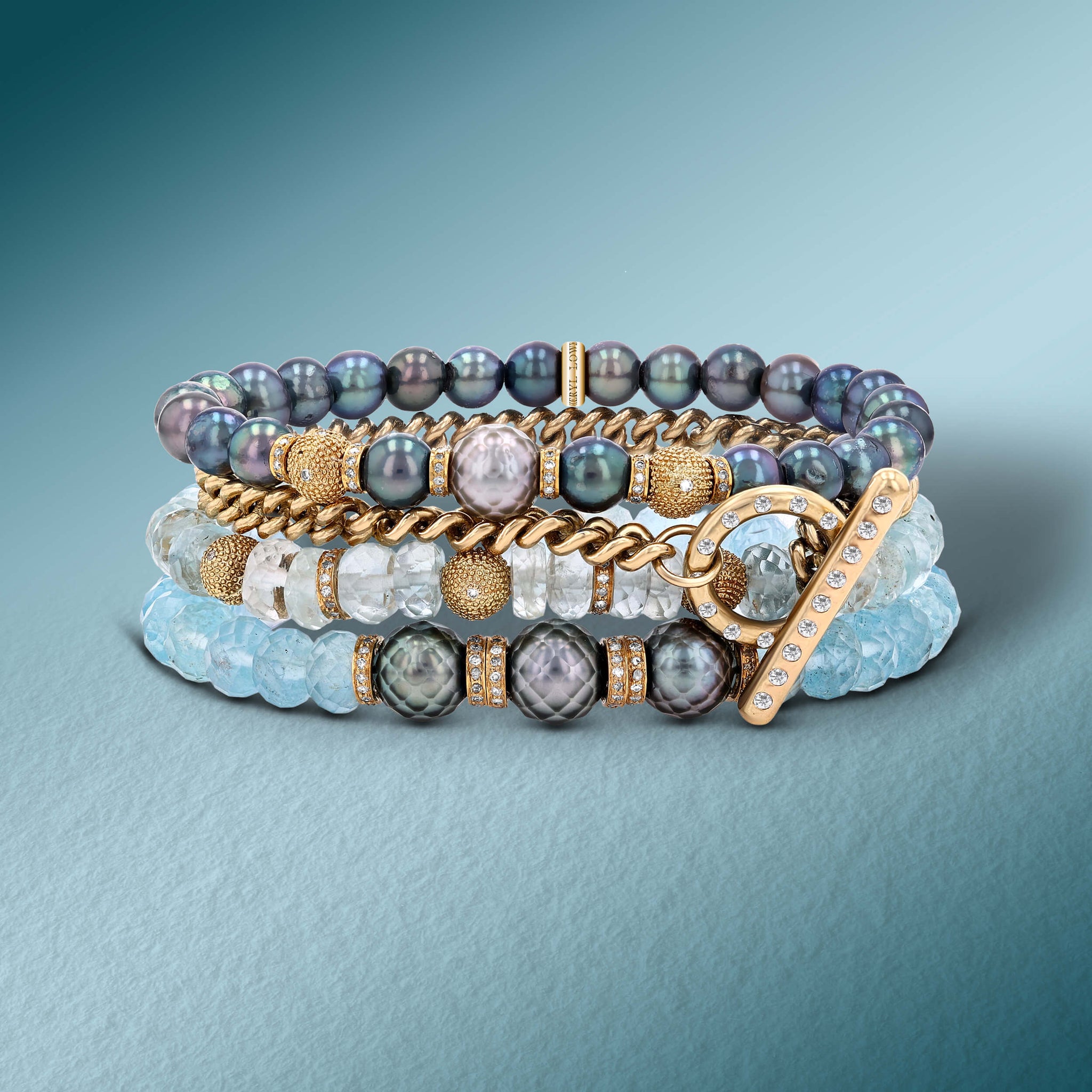 The Kelly Stack - 14k Aquamarine & Pearl Stack - One of a Kind BNDL42