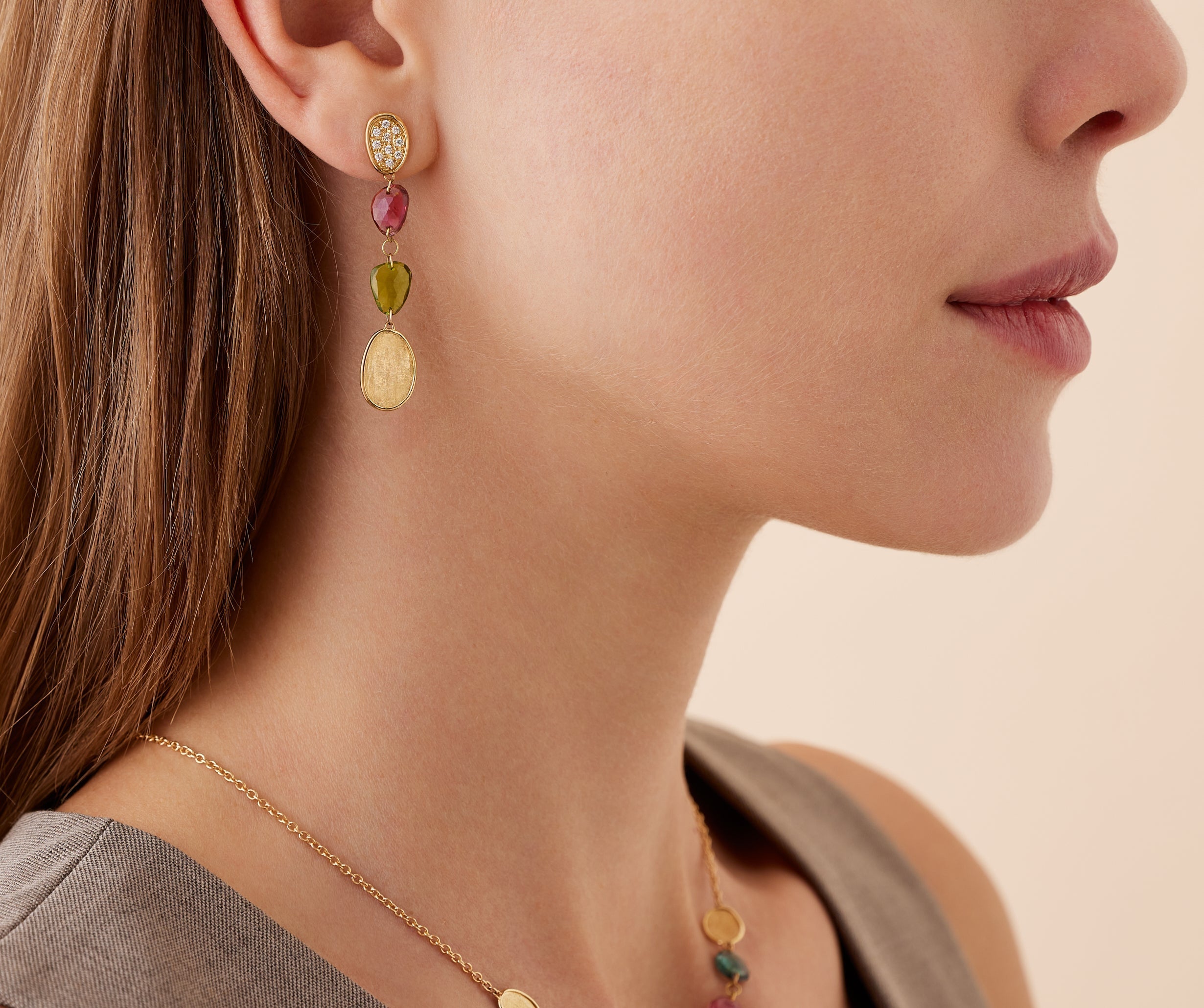 18K Yellow Gold Mixed Tourmaline Drop Earrings with Diamonds