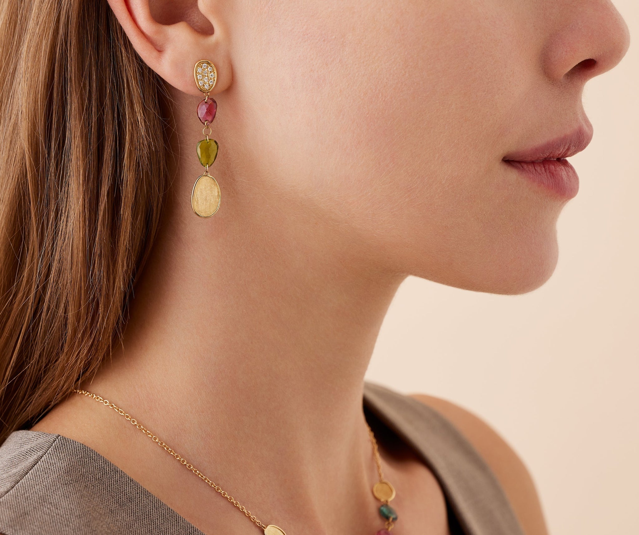 18K Yellow Gold Mixed Tourmaline Drop Earrings with Diamonds