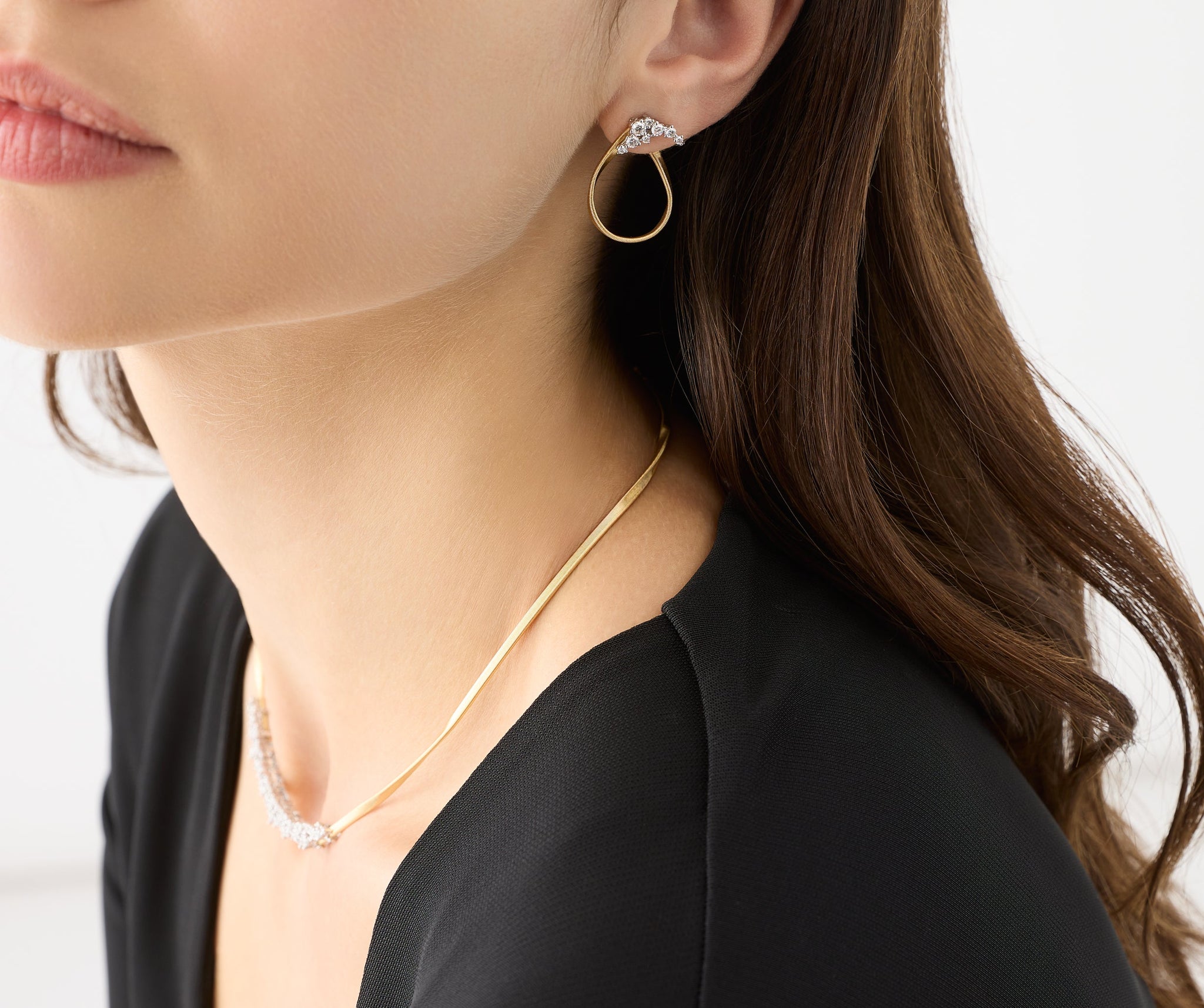 18K Yellow Gold Open Hoop Thin Earrings with Diamond Clusters