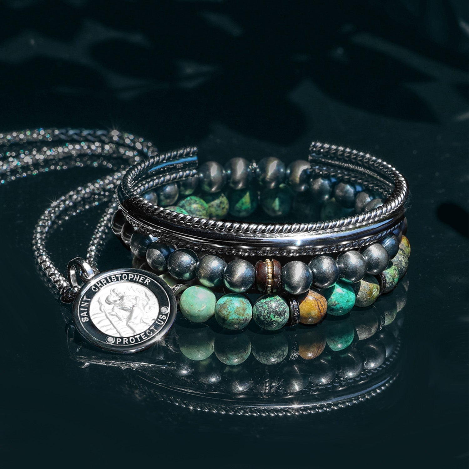 Men's Mr. LOWE African Turquoise Bracelet with Black Diamond Rondelles - 8mm