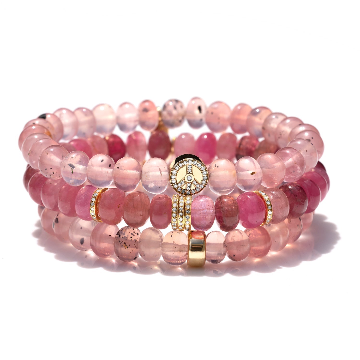 14k Cuties Icon Bracelet - Rose Quartz with Diamond Peace Sign Bead BG001126