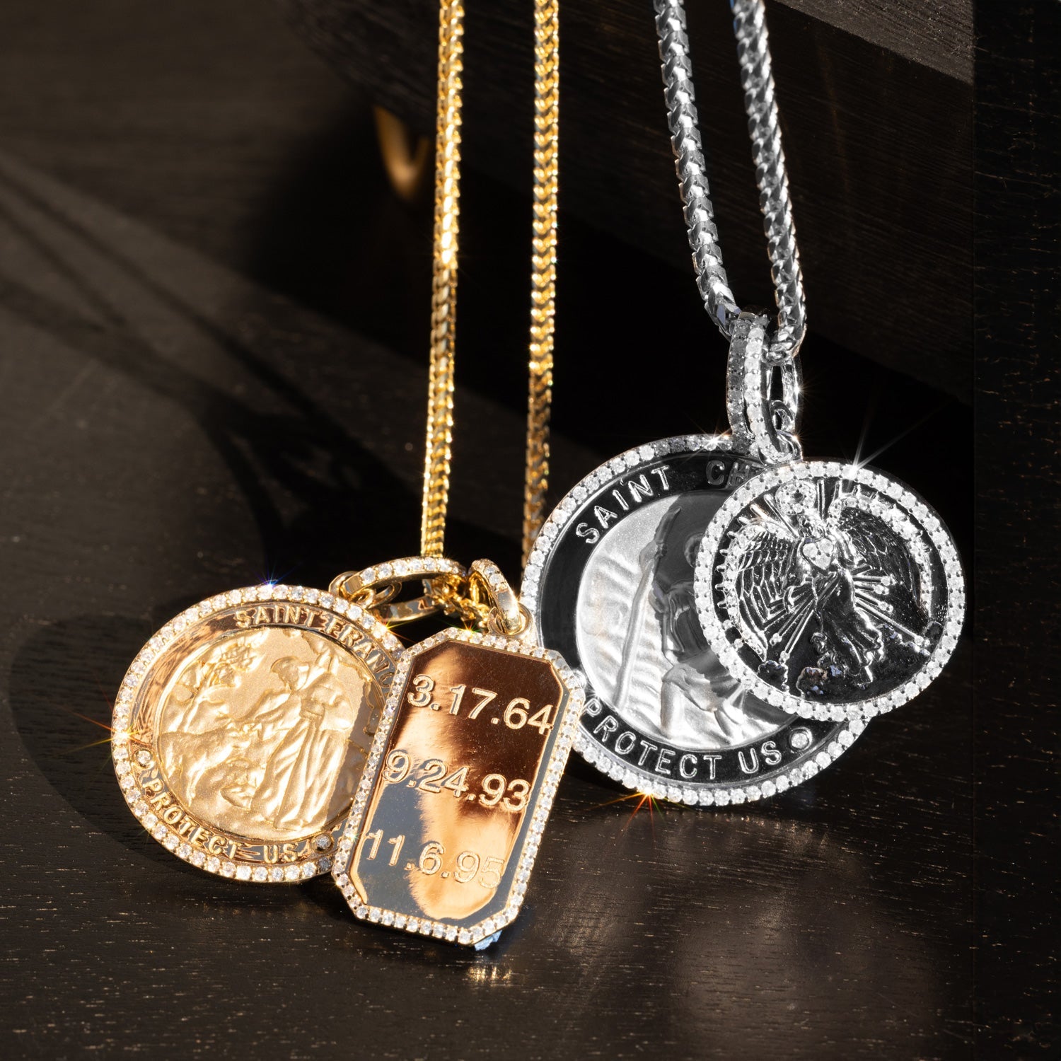 14k St. Francis "Protect Us" Diamond Halo 30mm Medallion Only or on 30" Snake Chain